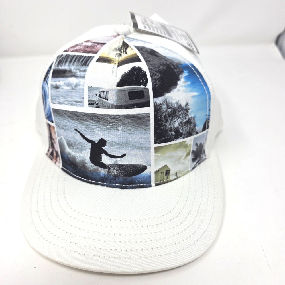 HYP Baseball Cap Mens 60cm White Fitted Cap Surf Skate Collage Photo Print NWT